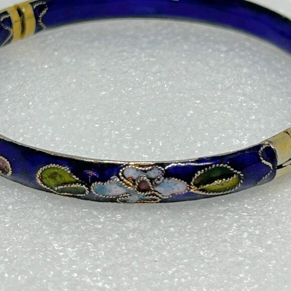 Vintage Blue Floral Cloisonné Enamel Hinged Bracelet - Picture 2 of 7